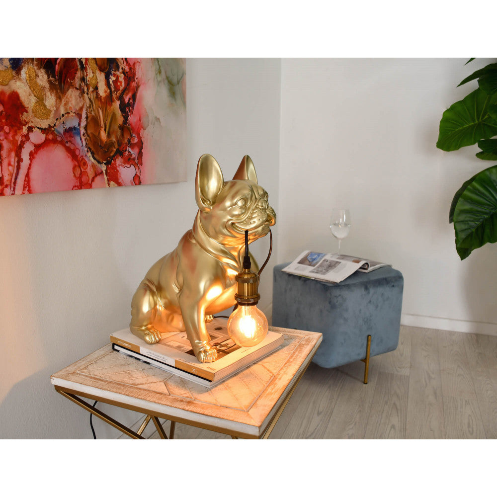 Bulldog Francese Seduto lampada scultura Pop Art resina effetto oro metallizzato